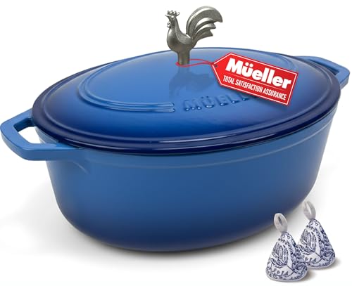 5.5 Quart Enameled Cast Iron Oval Dutch Oven w Rooster Knob & Cotton Potholders