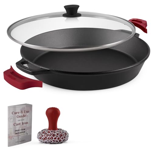 Cast Iron Skillet + Glass Lid + Red Chainmail Scrubber (Dual Handle Skillet + Glass Lid / 15")