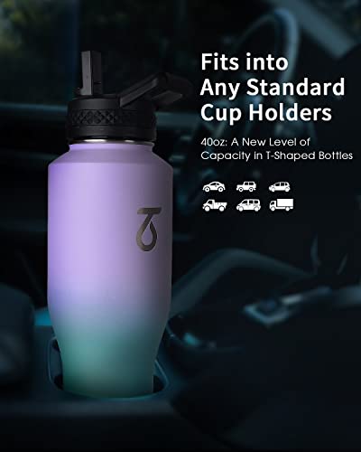 40 oz Water Bottle Insulated Fit in Any Car Cup Holder with 2 Lids (40 Ounces / Cotton Candy)