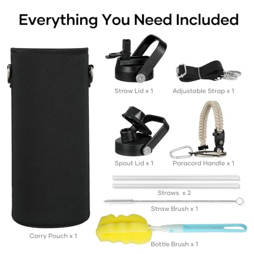 40 oz Insulated Water Bottle with Paracord Handle & Straw Spout Lids (40 Ounces / Greige)