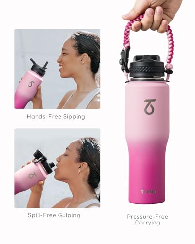 32 oz Water Bottle Insulated Fits in Any Car Cup Holder with 2 Lids (32 Ounces / Gradient Pink)