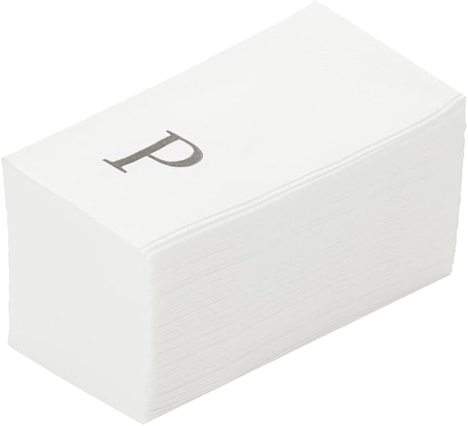 Luxenap 15.8 X 7.9 Inch Linen-Feel Guest Towels, 50 Lettered Hand Towels - Silver Letter 'P', Sans Serif Font, White Paper Dinner Napkins, airlaid, For Restrooms And Tables - Restaurantware