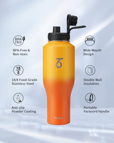 40 oz Water Bottle Insulated Fit in Any Car Cup Holder with 2 Lids (40 Ounces / Orange)