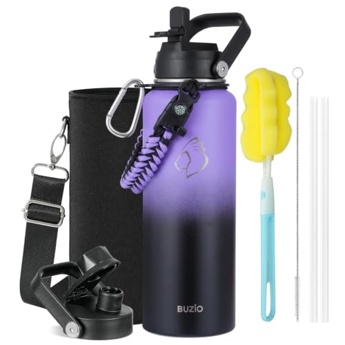 40 oz Insulated Water Bottle with Paracord Handle & Straw Spout Lids (40 Ounces / Purple Black)