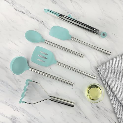 Silicone Cooking Utensil Set of 6 Stainless Steel Handle Ladle Slotted Turner Tongs Flex Core Spatula Scraper Mixing Spoon & Masher (Aqua)
