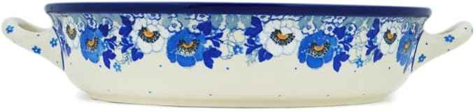 Polmedia Polish Pottery Round Baker with Handles 10-inch - Blue Spring Blue Pattern Handmade in Boleslawiec Poland by Ceramika Artystyczna + Certificate of Authenticity