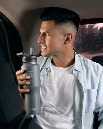 32 oz Water Bottle Insulated Fits in Any Car Cup Holder with 2 Lids (32 Ounces / Gray)