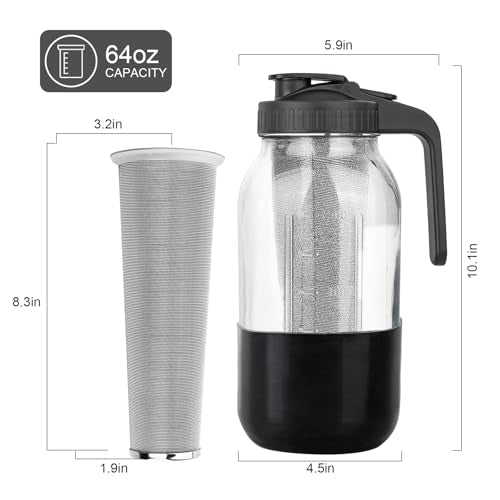 Cold Brew Coffee Maker (Black with Long Silicone Sleeve / 64 Ounces)