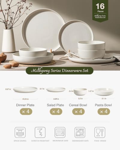 Milkyway 16 Piece Stoneware Dinnerware Set (Matte Beige White / Service for 4 (Include Pasta Bowls))