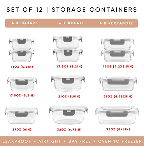 24pc Borosilicate Glass Storage Containers with Lids (Color Grey)