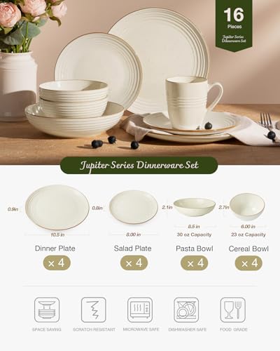 Jupiter Stoneware Dinnerware Sets with Pasta Bowls (Vanilla White / 16)