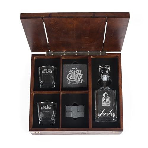Beetlejuice Whiskey Box Gift Set with Glass Decanter Includes Glasses Stones and Coasters Parawood Collector Drinkware Display Set