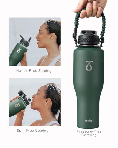 40 oz Water Bottle Insulated Fit in Any Car Cup Holder with 2 Lids (40 Ounces / Dark Green)