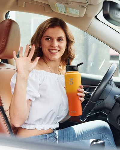 32 oz Water Bottle Insulated Fits in Any Car Cup Holder with 2 Lids (32 Ounces / Orange)