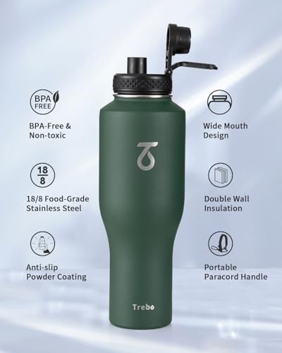 32 oz Water Bottle Insulated Fits in Any Car Cup Holder with 2 Lids (32 Ounces / Dark Green)