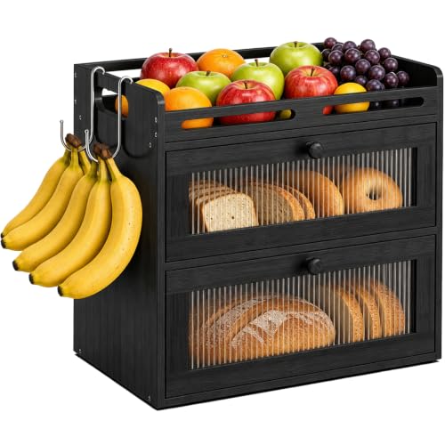 Bread Box for Kitchen Countertop (Black / 2-Tier)