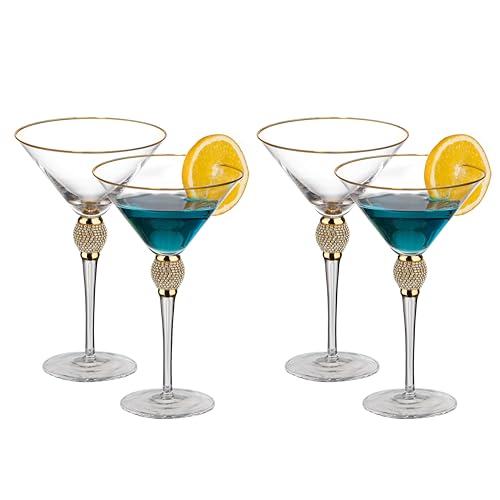 4 Piece Premium Clear Stem Crystal Martini Glasses with Gold Rim and Diamond