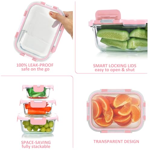 24 Pieces Glass Food Storage Containers Set (Pink / 12 Pack)
