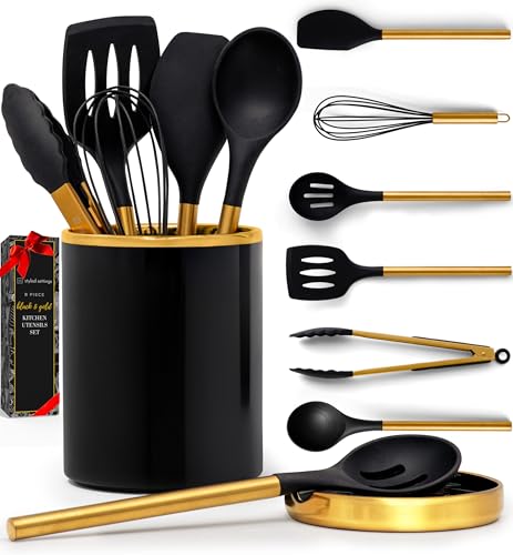 Black and Gold Kitchen Utensils Set with Holder (8PC Black & Gold)