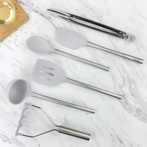 Silicone Cooking Utensil Set of 6 Stainless Steel Handle Ladle Slotted Turner Tongs Flex Core Spatula Scraper Mixing Spoon & Potato Masher (Oyster Gray)