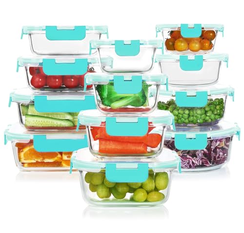 24 Pieces Glass Food Storage Containers Set (Green / 12 Pack)