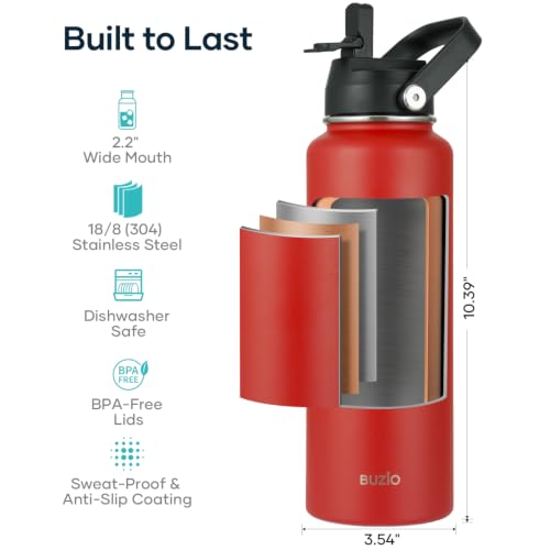 40 oz Insulated Water Bottle with Paracord Handle & Straw Spout Lids (40 Ounces / Red)