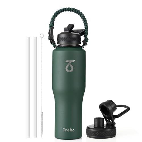 32 oz Water Bottle Insulated Fits in Any Car Cup Holder with 2 Lids (32 Ounces / Dark Green)