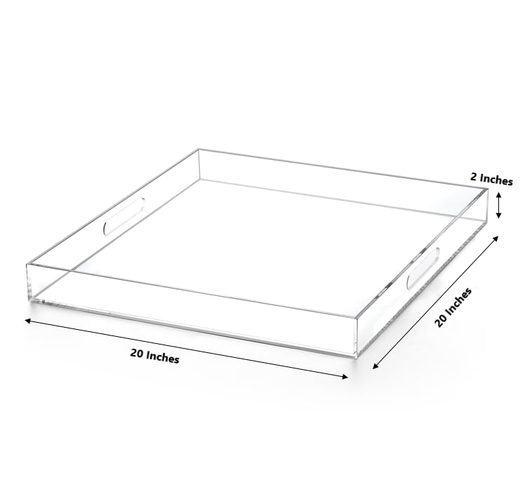 Clear Acrylic Ottoman Tray with Cutout Handles 20x20 Inch Over Sized Serving Tray