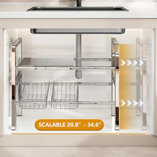 Large Under Sink Organizer 2 Tier Expandable Heavy Stainless Steel Shelf Adjustable Height for Under Kitchen Bathroom Sink Organizers and Storage (Large size: 4 panels 4 storage baskets)