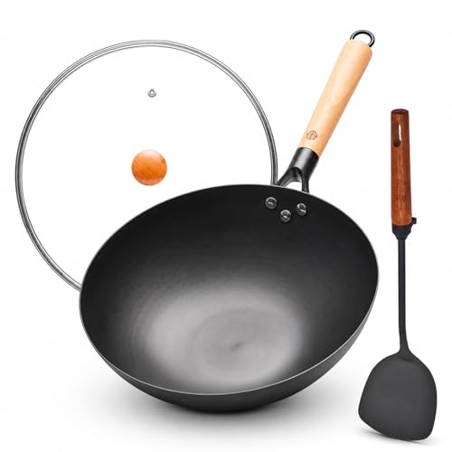 12.6 Inch Carbon Steel Wok Pan with Glass Lid and Spatula (12.59 Inch Flat Bottom)