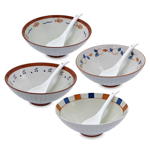 8 Inch 38OZ Ceramic Ramen Soup Bowl Set of 4 with spoons (Brown and White)