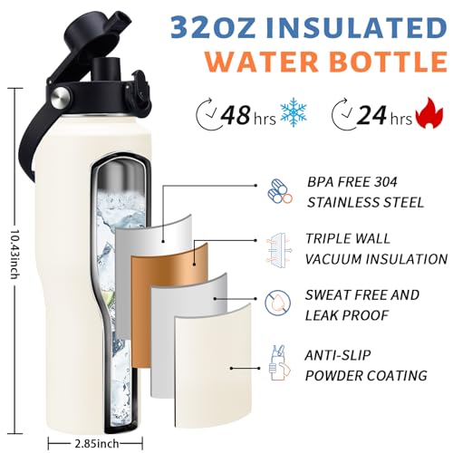 32 oz Vacuum Insulated Water Bottle with Carrier Bag (Cream White / 32 Ounces)