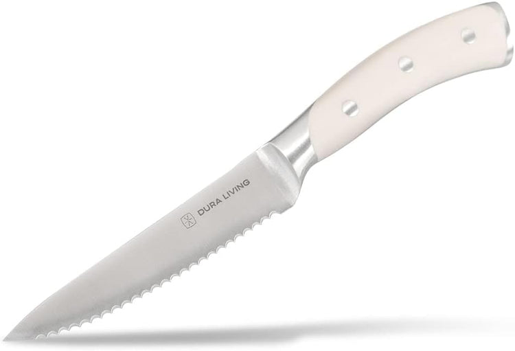 8-Piece Serrated Kitchen Steak Knife Set – Forged High Carbon Stainless Steel, Ultra Sharp, Ergonomic Black Handles, Durable Dinner Knives, Cream Handle