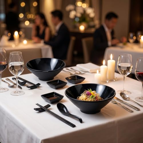 Unbreakable Melamine Ramen Bowl Set (2 piece set) (Black / Set-2)