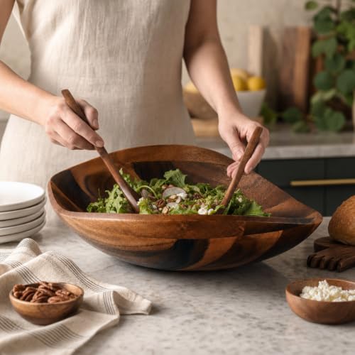 Wave Pattern Large Acacia Wood Salad Bowl (4" Tall x 12" Wide x 19" Long)