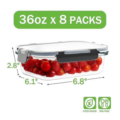 8 Pack 36oz Large Glass Meal Prep Containers with Leak Proof Snap (Black / 8 Pack 36oz)