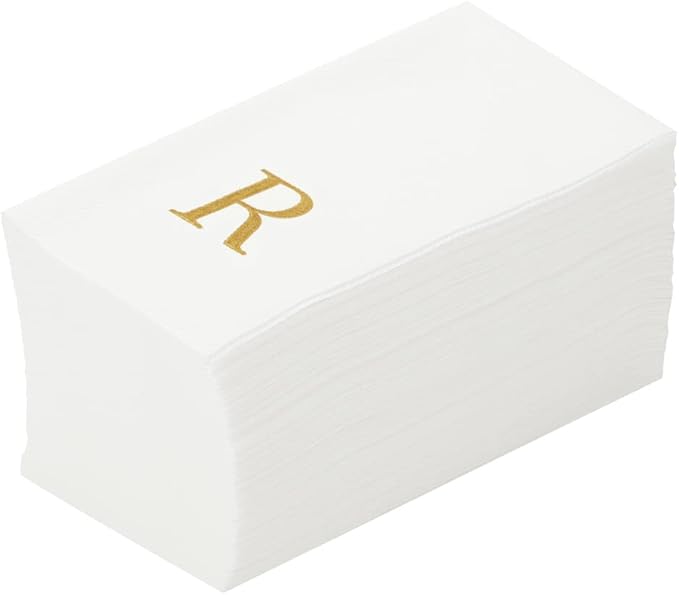 Luxenap 15.8 X 7.9 Inch Linen-Feel Guest Towels, 2000 Lettered Hand Towels - Gold Letter 'R', Sans Serif Font, White Paper Dinner Napkins, airlaid, For Restrooms And Tables