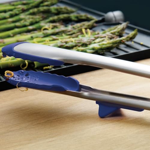 Silicone Cooking Utensil Set of 6 Stainless Steel Handle Ladle Slotted Turner Tongs Flex Core Spatula Scraper Mixing Spoon & Potato Masher (Deep Indigo)