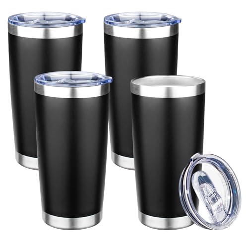 20oz Tumbler with Lid Double Wall Vacuum Insulated Travel Coffee Mug Stainless Steel Thermal Cup Powder Coated Sturdy Coffee Tumbler Bulk for Hot and Cold Beverage (20 Ounces (4 Pack) / Black)