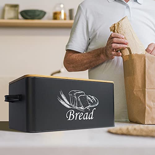 Bread Box with 3pcs Jars Coffee Sugar Tea for Kitchen Countertop White Metal Bread Box with Bamboo Board Cover Pastry Storage Container Set Kitchen decor (Black Box)