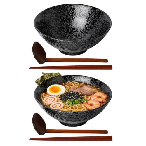 Ceramic Japanese Ramen Bowl Set (9 Inch / Black)