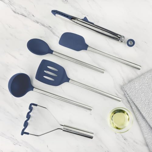 Silicone Cooking Utensil Set of 6 Stainless Steel Handle Ladle Slotted Turner Tongs Flex Core Spatula Scraper Mixing Spoon & Potato Masher (Deep Indigo)