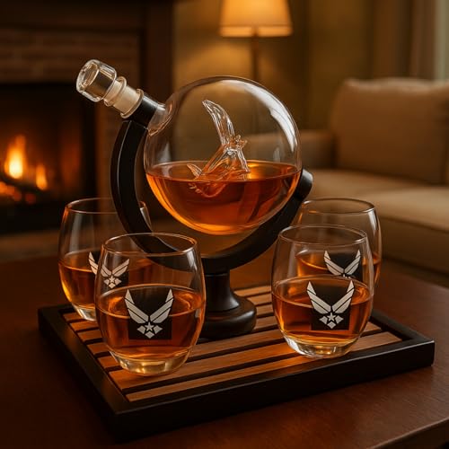 Airforce Whiskey Decanter Set with 4 Liquor Glasses Air Force Whisky Decanter & Glass Set with Wood Base & 9 Whiskey Stones