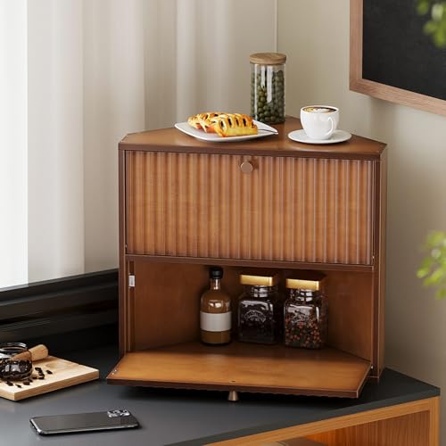 Corner Bread Box for Kitchen Countertop Bamboo Two Layer Large Capacity Bread Storage Bin Vintage Storage for Homemade Bread (Brown)