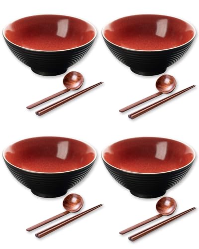 Large Japanese Ramen Bowl Set of 4 (Red-4 Bowl Set)
