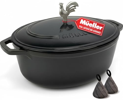 5.5 Quart Enameled Cast Iron Oval Dutch Oven with Rooster Knob & Cotton Potholders