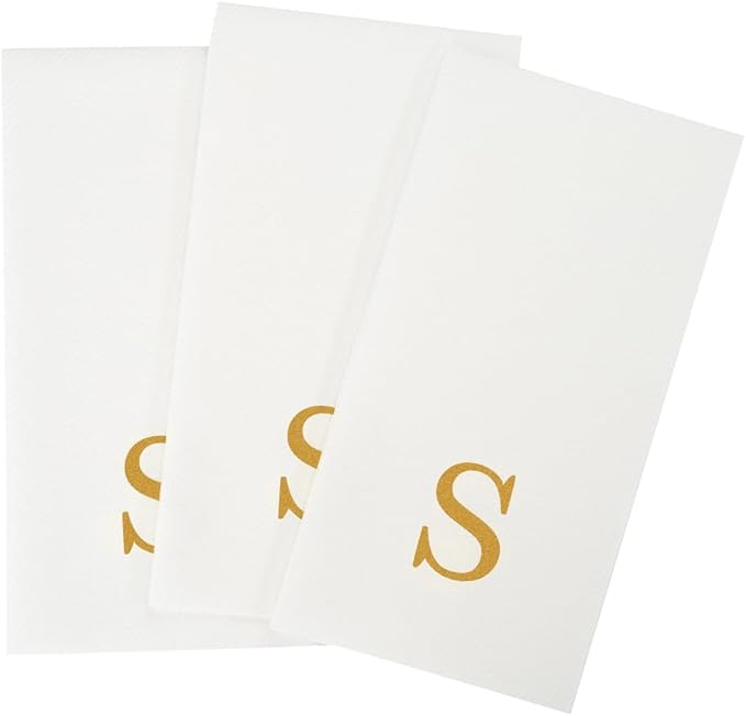 Luxenap 15.8 X 7.9 Inch Linen-Feel Guest Towels, 2000 Lettered Hand Towels - Gold Letter 'S', Sans Serif Font, White Paper Dinner Napkins, airlaid, For Restrooms And Tables
