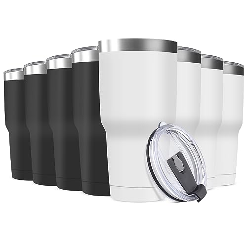 30oz Stainless Steel Travel Mug with Lid (Black/White / 8 Count (Pack of 1))