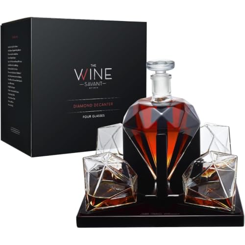 Luxury Diamond Whiskey Decanter Set with 4 Matching Glasses & Mahogany Wood Base