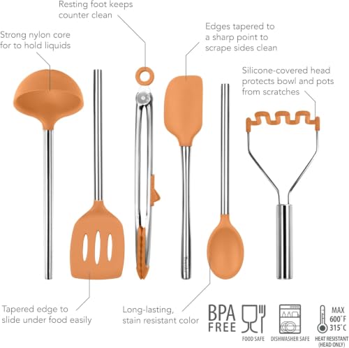 Silicone Cooking Utensil Set of 6 Stainless Steel Handle Ladle Slotted Turner Tongs Flex Core Spatula Scraper Mixing Spoon & Potato Masher (Apricot)